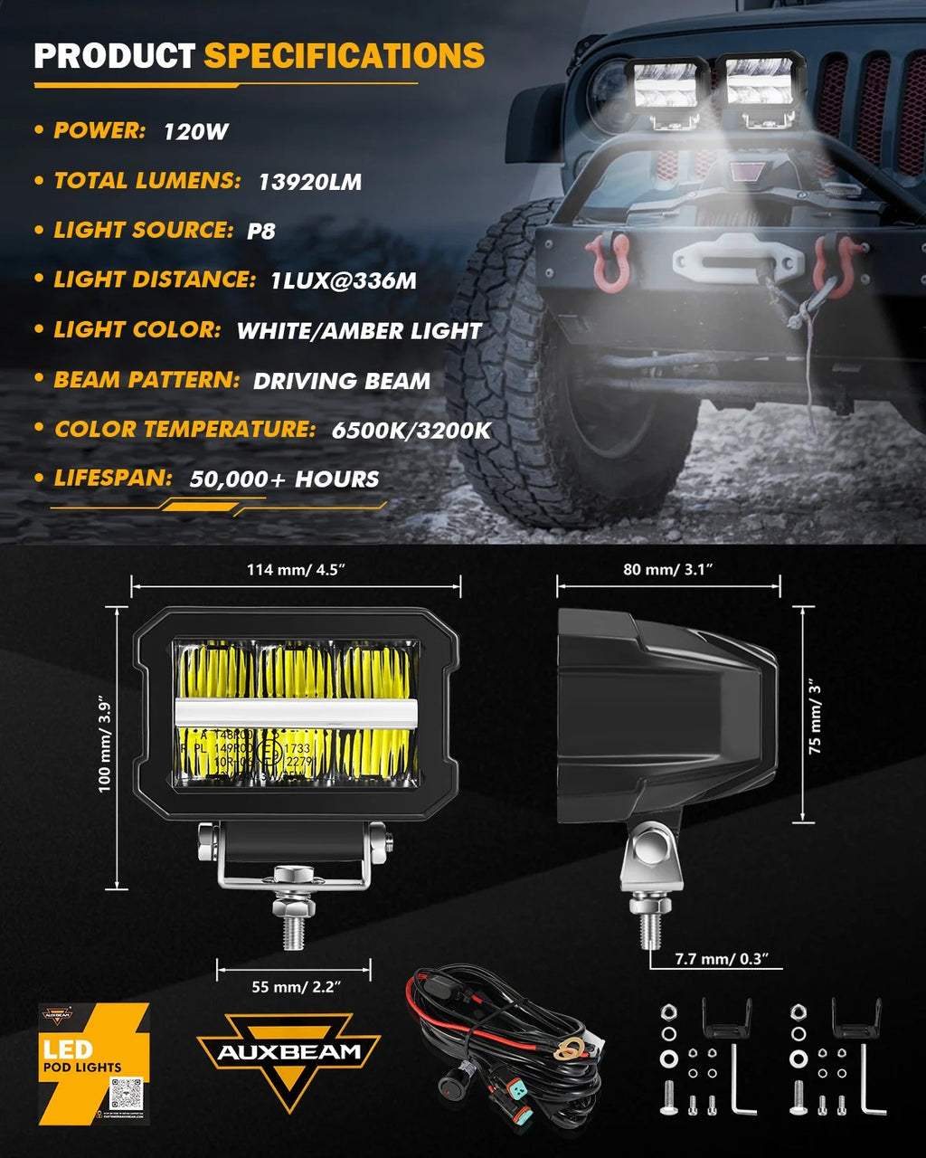Alimentation & Éclairage - Auxbeam | Spot LED de 4.5 inch avec DRL Blanc et Clignotant Ambre - outpost-shop.com