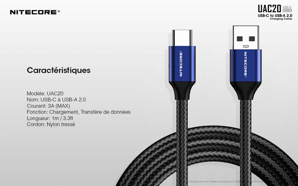 Câble USB-A vers USB-C Nitecore tressé 1 m