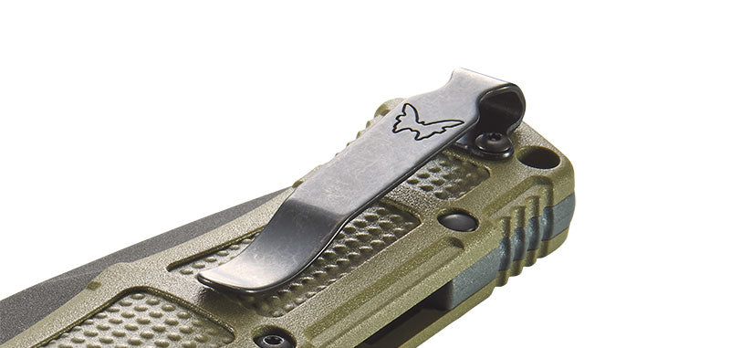 Couteau automatique Benchmade Claymore - Manche grivory/acier olive, CPM D2, tranchant lisse, lame de 86 mm, lame drop point