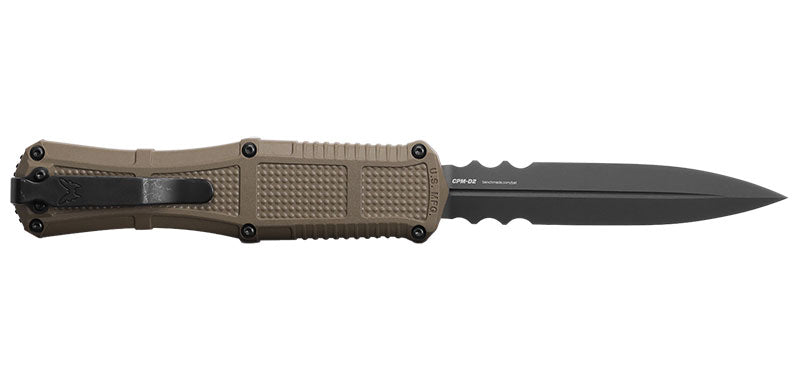Couteau automatique Benchmade Claymore - Manche grivory marron, CPM D2, double tranchant mixte, lame de 99 mm, lame dague