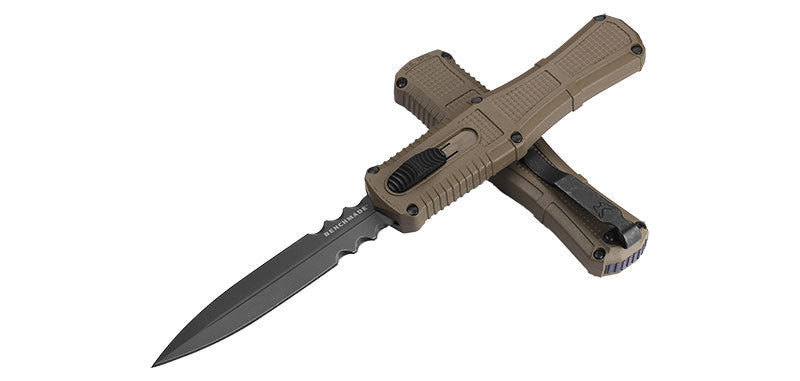 Couteau automatique Benchmade Claymore - Manche grivory marron, CPM D2, double tranchant mixte, lame de 99 mm, lame dague