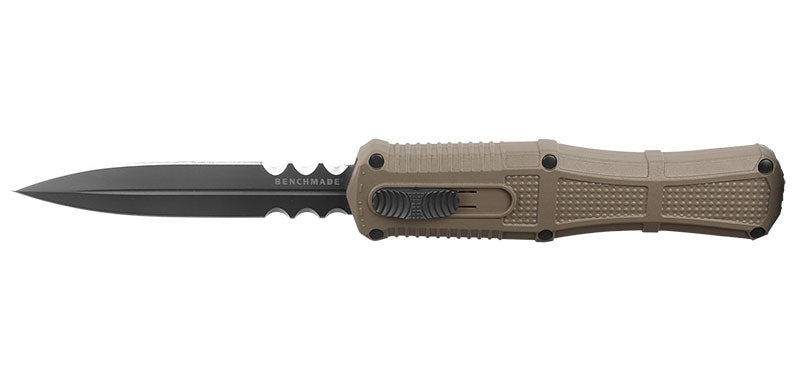 Couteau automatique Benchmade Claymore - Manche grivory marron, CPM D2, double tranchant mixte, lame de 99 mm, lame dague