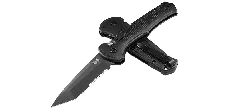 Couteau automatique Benchmade Claymore - Manche grivory noir, CPM D2, tranchant mixte, lame de 91 mm, lame tanto