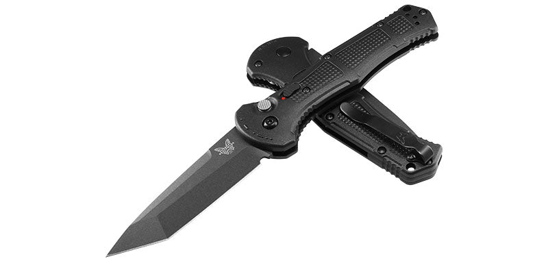 Couteau automatique Benchmade Claymore - Manche grivory noir, CPM D2, tranchant lisse, lame de 91 mm, lame tanto