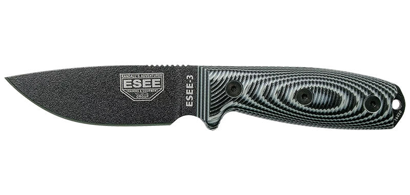 Couteau ESEE-3 lame noire manche G10 3D gris et étui Zytel