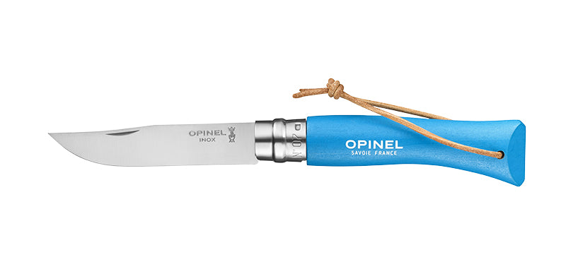 Couteau Opinel Baroudeur N°07 inox, manche coloré et dragonne - Cyan