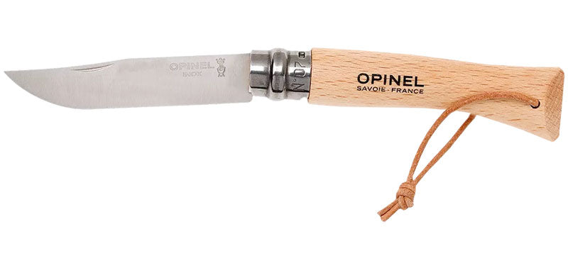 Couteau Opinel Baroudeur N°07 inox, manche coloré et dragonne - Hêtre naturel