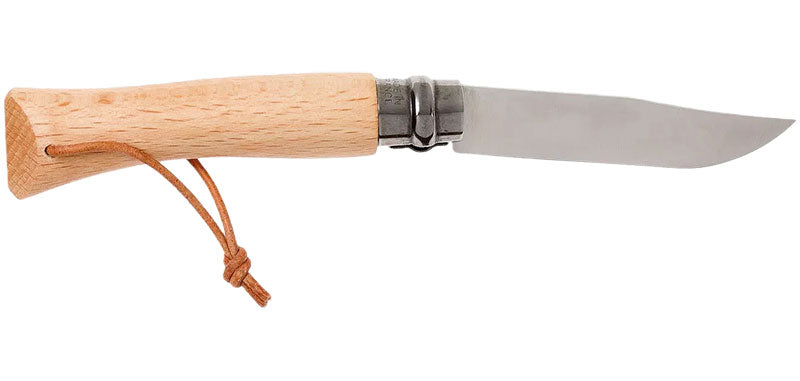 Couteau Opinel Baroudeur N°07 inox, manche coloré et dragonne - Hêtre naturel