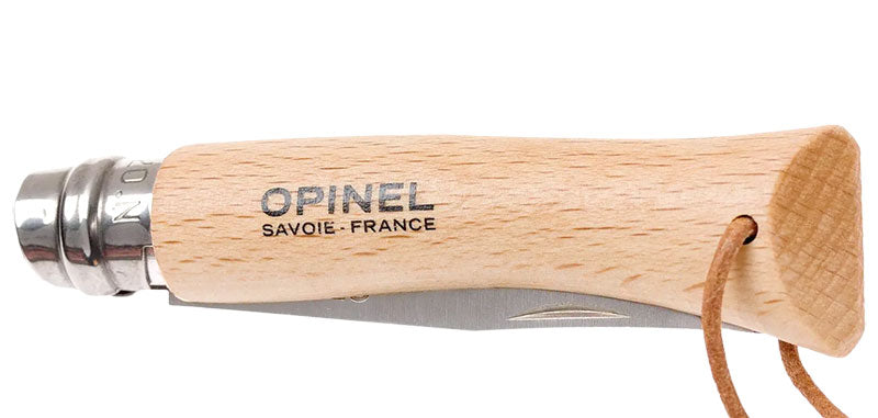 Couteau Opinel Baroudeur N°07 inox, manche coloré et dragonne - Hêtre naturel