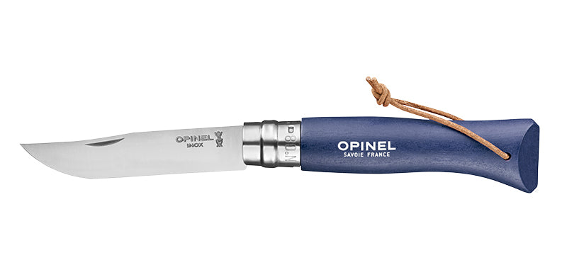Couteau Opinel Baroudeur N°08 inox avec lanière cuir - Bleu foncé