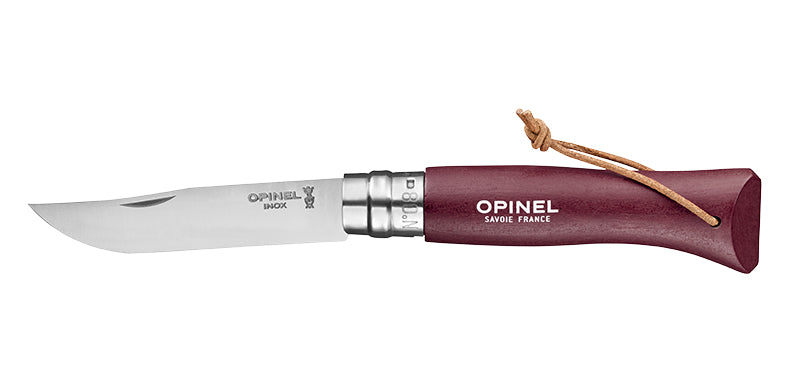 Couteau Opinel Baroudeur N°08 inox avec lanière cuir - Grenat