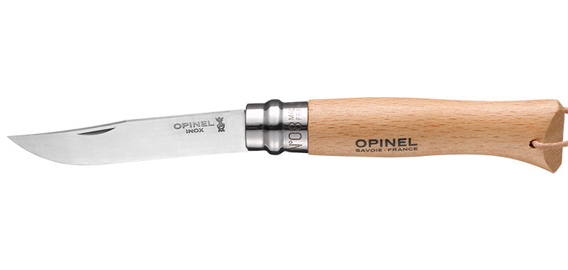 Couteau Opinel Baroudeur N°08 inox avec lanière cuir - Hêtre naturel