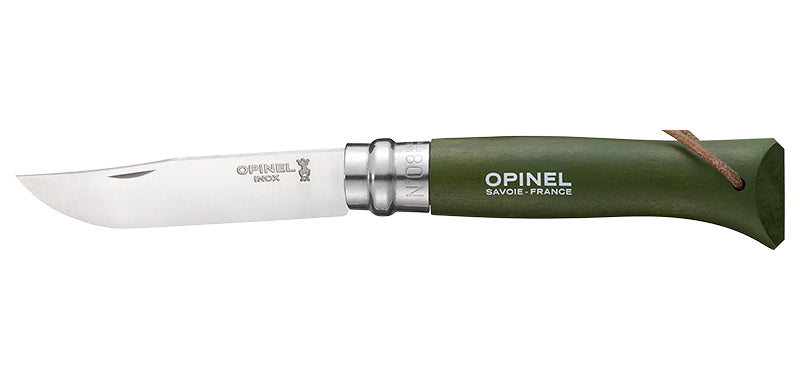 Couteau Opinel Baroudeur N°08 inox avec lanière cuir - Kaki