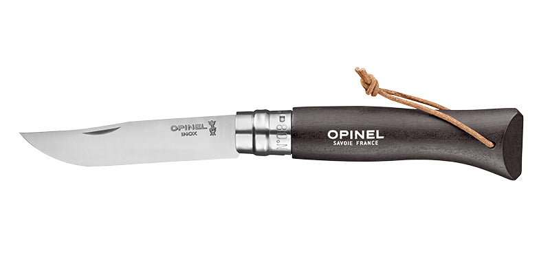 Couteau Opinel Baroudeur N°08 inox avec lanière cuir - Noir brun