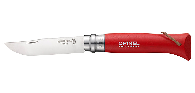 Couteau Opinel Baroudeur N°08 inox avec lanière cuir - Rouge