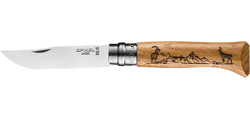 Couteau Opinel N°08 Animalia, manche chêne gravé - Chamois