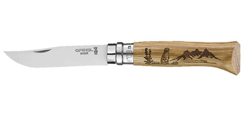 Couteau Opinel N°08 Animalia, manche chêne gravé - Marmotte
