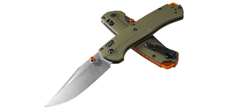 Couteau pliant Benchmade Taggedout - Manche g10 vert, lame blanche, CPM S45VN, lame de 90 mm