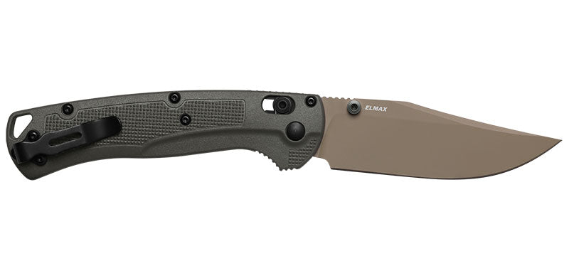 Couteau pliant Benchmade Taggedout - Manche grivory olive, lame tan, Elmax, lame de 89 mm